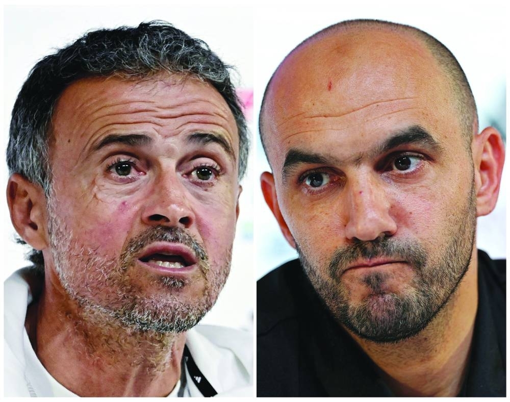 This combination of pictures shows Spain’s coach Luis Enrique (above) and Morocco’s coach Hoalid Regragui giving separate press conferences at the Qatar National Convention Center in Doha. (AFP)