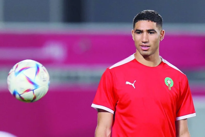 Morocco's defender Achraf Hakimi attends a training session at the Al Duhail SC Stadium in Doha yesterday. (AFP).