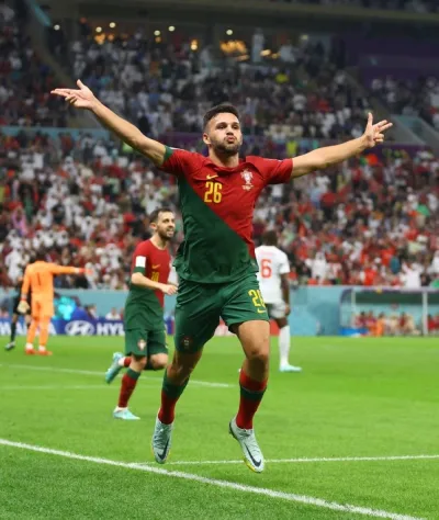 Portugal&#039;s Goncalo Ramos celebrates scoring their fifth goal and his hat-trick in the match against Switzerland at the Lusail Stadium Tuesday.
