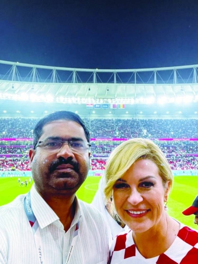 Visiting Indian legislator Saneesh Kumar Joseph with former Croatian president Kolinda Grabar during a World Cup match.