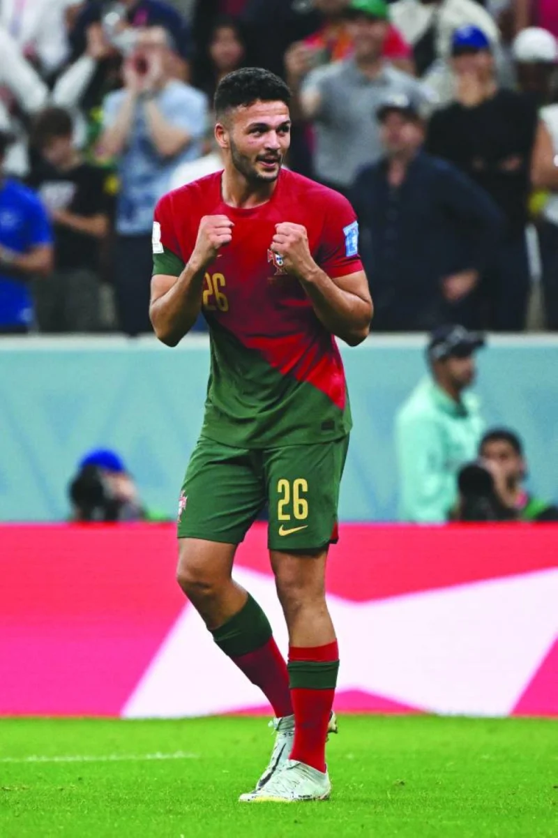 Portugal’s forward Goncalo Ramos celebrates scoring his team’s fifth goal during the Qatar 2022 World Cup Round of 16 match against Switzerland at Lusail Stadium yesterday. (AFP)