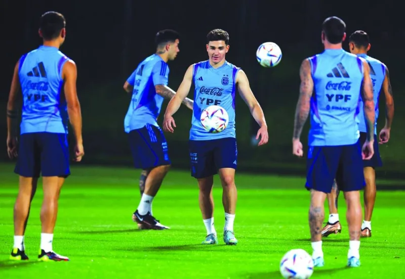 Argentina's Julian Alvarez during training with teammates in Doha. (Reuters)
