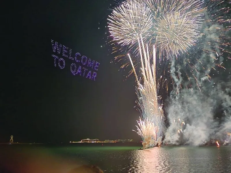 The pyrotechnics during the &#039;Welcome to Qatar&#039; show.