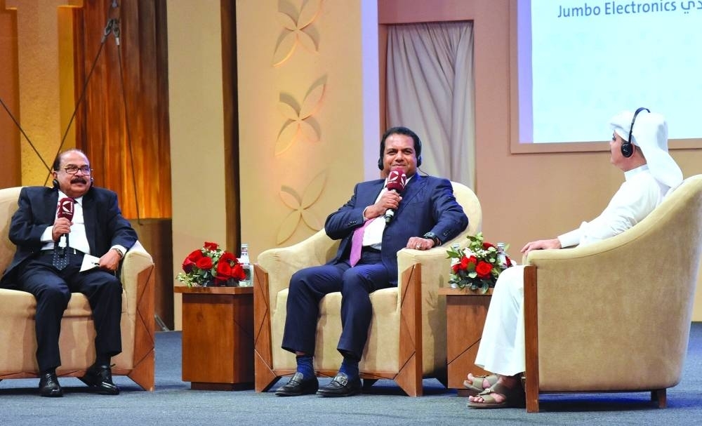 (From left) C V Rappai, director & CEO of Jumbo Electronics Qatar; Dr Mohamed Althaf, director of LuLu Group International; and Dr Abdullah Faraj, who moderated the event. PICTURE: Thajudheen.
