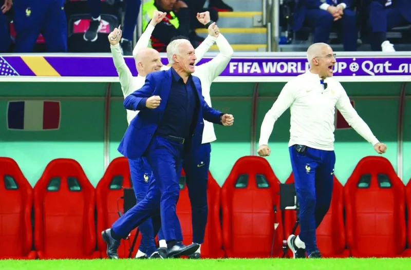 France coach Didier Deschamps celebrates after Randal Kolo Muani scores their second goal. (Reuters)