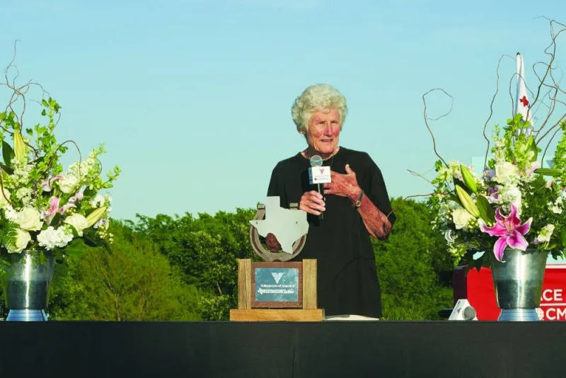 In this file photo taken on May 6, 2018, Kathy Whitworth speaks at the trophy presentation following the 2018 Volunteers of America LPGA Texas Classic at Old American Golf Club in The Colony, Texas. Whitworth, the most successful LPGA golfer with a record 88 titles, has died at the age of 83. (AFP)