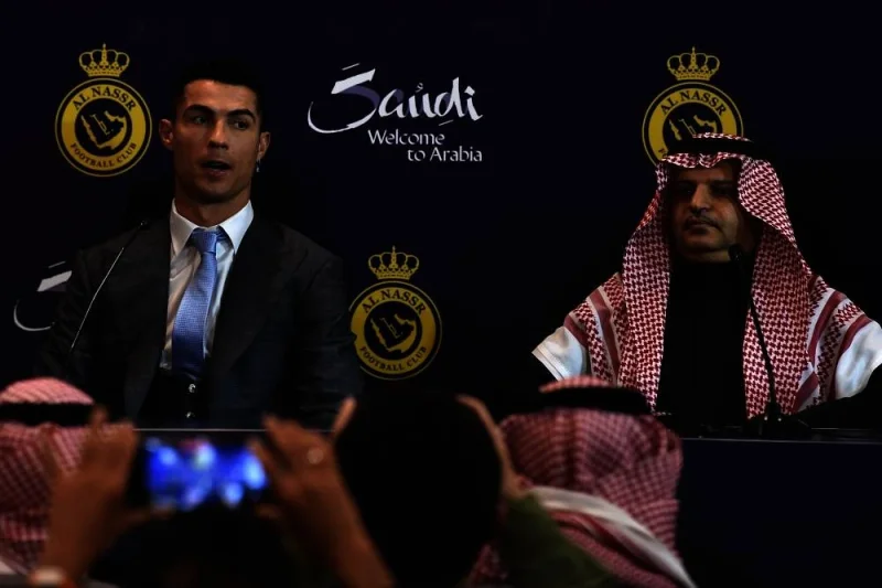 Portuguese forward Cristiano Ronaldo and President of Al-Nassr Musalli Al-Muammar attend a press conference at the Mrsool Park Stadium in the Saudi capital Riyadh on January 3 ahead of the unveiling ceremony. AFP