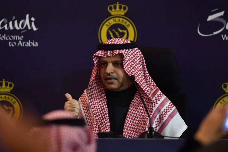 President of Al-Nassr Musalli Al-Muammar attends a press conference at the Mrsool Park Stadium in the Saudi capital Riyadh on January 3, ahead of the unveiling ceremony of Cristiano Ronaldo. AFP