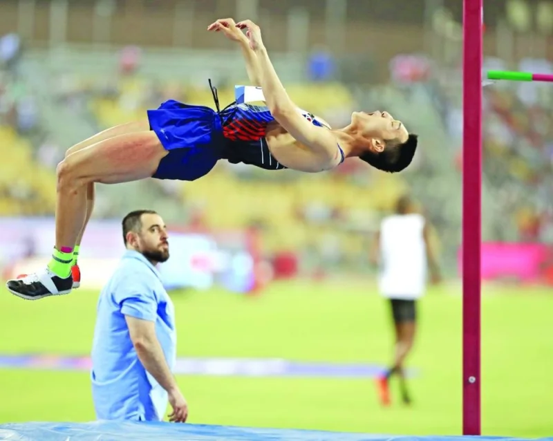  The image captured by Vinod Divakaran shows Korea&#039;s world indoor gold medallist Woo Sanghyeok celebrating after clearing 2.33m in high jump at the Wanda Diamond League in Doha.
