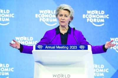 President of the European Commission Ursula von der Leyen speaks during a session of the World Economic Forum annual meeting in Davos yesterday. (AFP)