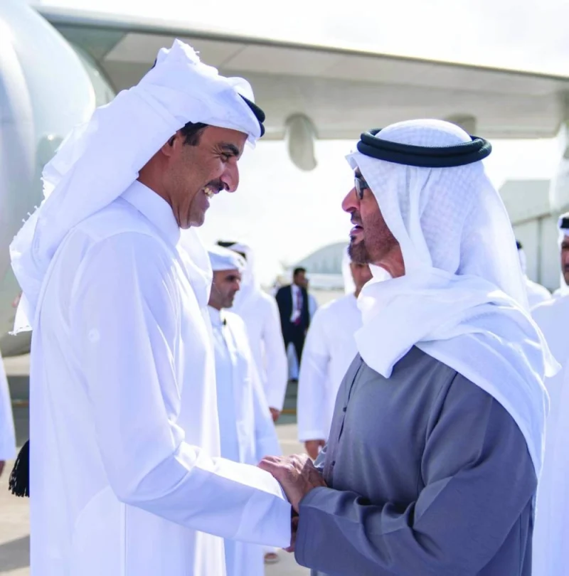 His Highness the Amir Sheikh Tamim bin Hamad al-Thani is being welcomed by UAE President Sheikh Mohamed bin Zayed al-Nahyan on arrival in Abu Dhabi Wednesday to take part in the fraternal consultative meeting. 