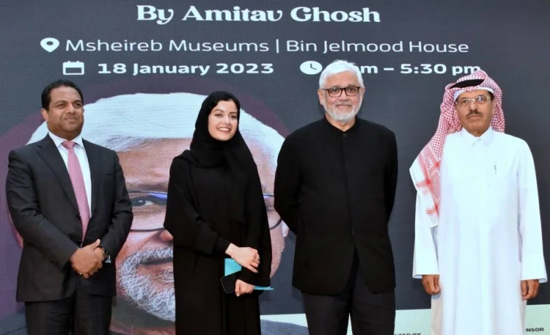 Renowned Indian writer Amitav Ghosh is joined by Hessa al-Noaimi, director of strategic partnerships at AYCMQA; Dr Mohamed Althaf, director of LuLu Group International; and Qatari author Dr Jabr al-Noaimi during the &#039;Earth Talk Series&#039; held yesterday at Bin Jelmood House in Msheireb Museums. PICTURE: Thajudheen.