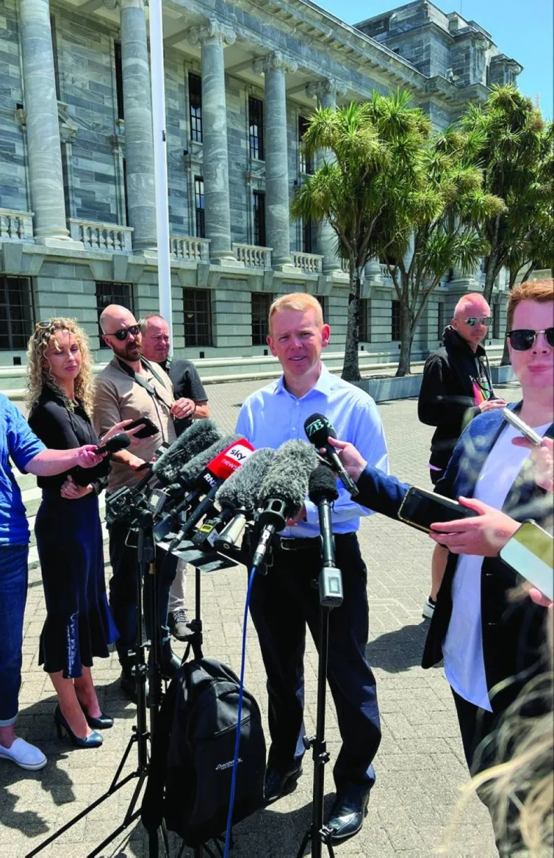 Chris Hipkins speaks to members of the media, after being confirmed as the only nomination to replace Jacinda Ardern as leader of the Labour Party, outside New Zealand’s parliament in Wellington.