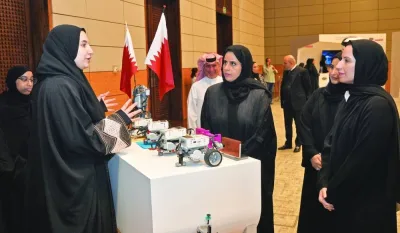 HE Minister of Education and Higher Education Buthaina bint al-Jabr al-Nuaimi and QF officials at the booth of a winning project. PICTURES: Shaji Kayamkulam