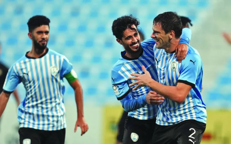 Al Wakrah’s Lucas Mendes (right) celebrates with teammates after scoring against Al Sailiya in the QNB Stars League on Tuesday.