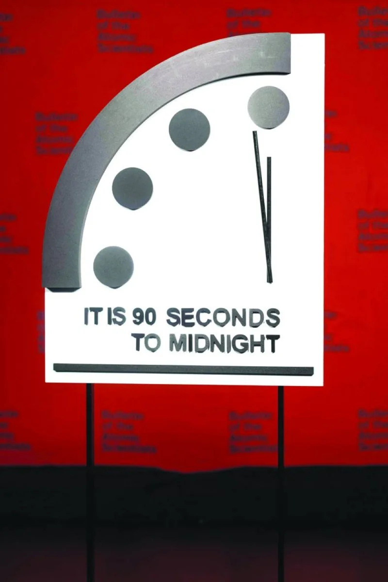 In this handout photo provided by Hastings Group Media yesterday, the Doomsday Clock reads “90 seconds to midnight”. (AFP)