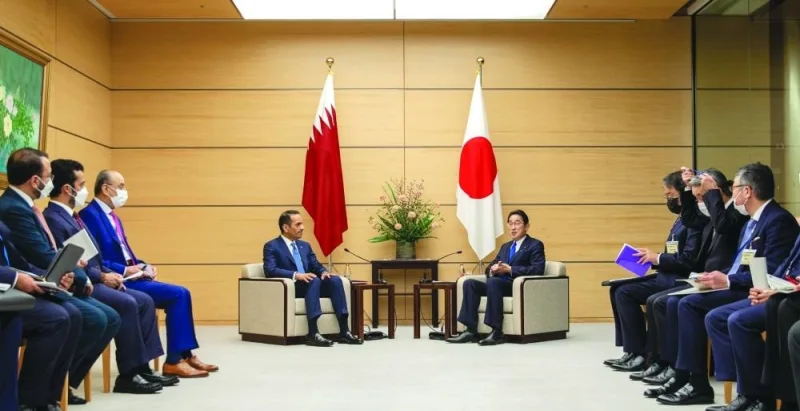 HE the Deputy Prime Minister and Minister of Foreign Affairs Sheikh Mohamed bin Abdulrahman al-Thani meets with Japanese Prime Minister Fumio Kishida.