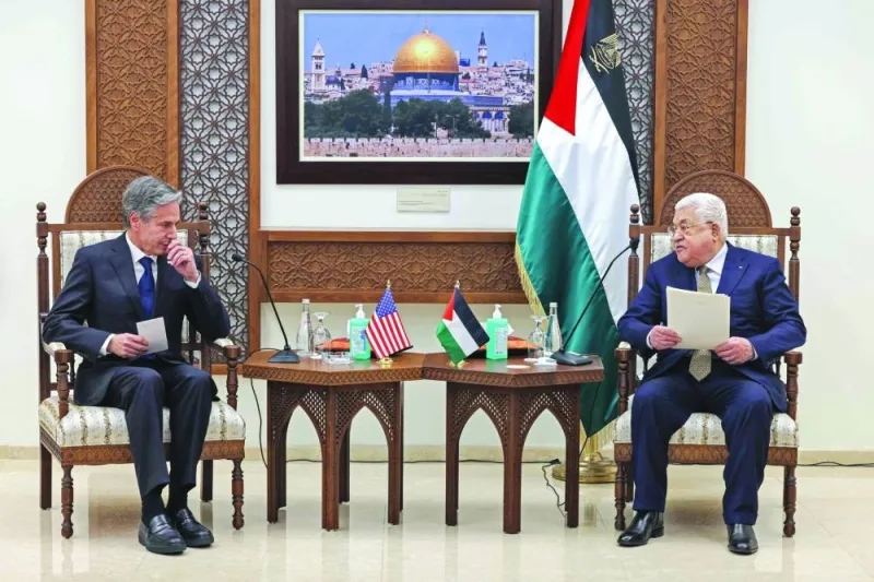 Palestinian President Mahmud Abbas (R) meets US Secretary of State Antony Blinken in Ramallah in the occupied West Bank, Tuesday.