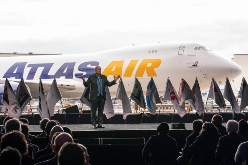 Dave Calhoun, CEO of Boeing, speaks on stage during the delivery of the final 747 jet at their plant in Everett, Washington, US January 31, 2023. REUTERS