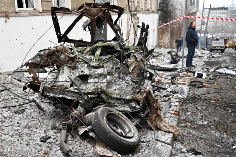 The wreckage of a car is seen following a Russian missile strike in Kharkiv, on February 5, 2023, amid the Russian invasion of Ukraine. (AFP)
