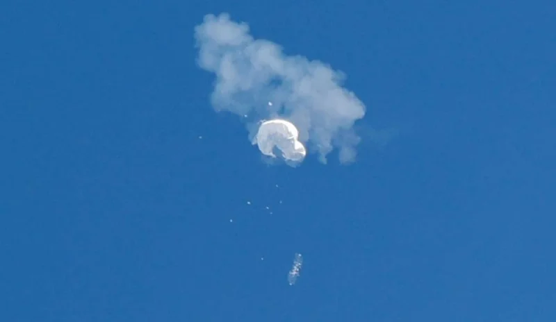 The suspected Chinese spy balloon drifts to the ocean after being shot down off the coast in Surfside Beach, South Carolina, US on February 4.