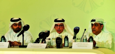 HE Akbar al-Baker (centre) with Qatar Tourism&#039;s Shared Services director Omar Abdulrahman al-Jaber (left) and QNB&#039;s Group chief business officer Yousef Mahmoud al-Neama at the DJWE press conference Sunday. PICTURE: Shaji Kayamkulam