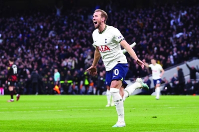 Tottenham Hotspur’s striker Harry Kane celebrates after scoring his team’s first goal during the English Premier League match against Manchester City at Tottenham Hotspur Stadium in London yesterday. (AFP)