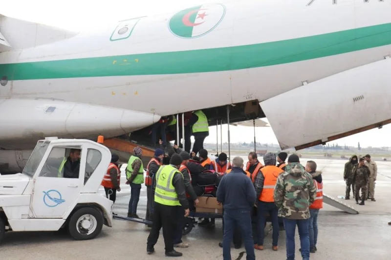 An Algerian plane carrying aid at Aleppo airport, following an earthquake, Syria, Tuesday. SANA/Handout via REUTERS