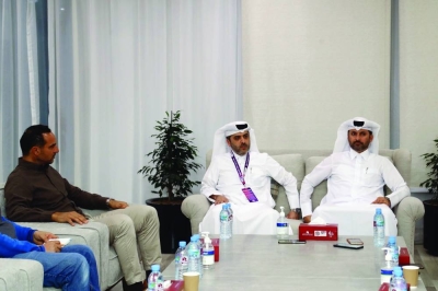Secretary-general of Qatar Tennis Federation Tareq Zainal (centre), Tournament Director of Qatar TotalEnergies Open Saad al-Mohannadi (right) and Tournament Director of Qatar ExxonMobil Open Karim Alami are seen at a press conference at the Khalifa Tennis and Squash Complex in Doha on Wednesday.