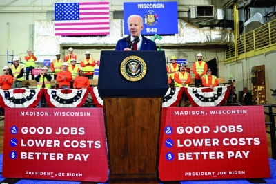 US President Joe Biden speaks about his economic plan at LIUNA Training Center in DeForest,Wisconsin, yesterday. (AFP)