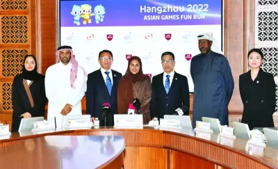 QF&#039;s Mashael Shahbik, QOC&#039;s Mohamed Issa al-Fadala and Sheikha Asma al-Thani, Liu Zhizyong (deputy director of Supervision and Audit Department of the Organising Committee of Hangzhou 2022 Asian Games) and Waleed Mubarak (Information Technology director at OCA) at the press conference Monday. PICTURE: Thajudheen