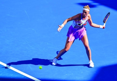 Czech Republic’s Petra Kvitova whips a forehand during her WTA Qatar TotalEnergies Open first-round match against China’s Shuai Zhang at the Khalifa International Tennis Complex in Doha on Tuesday. PICTURES: Noushad Thekkayil