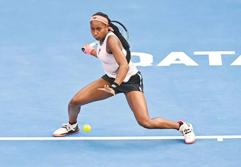Coco Gauff of US goes for a forehand shot against Petra Kvitova of Czech Republic at Khalifa Tennis and Squash Complex in Doha. PICTURE: Noushad Thekkayil