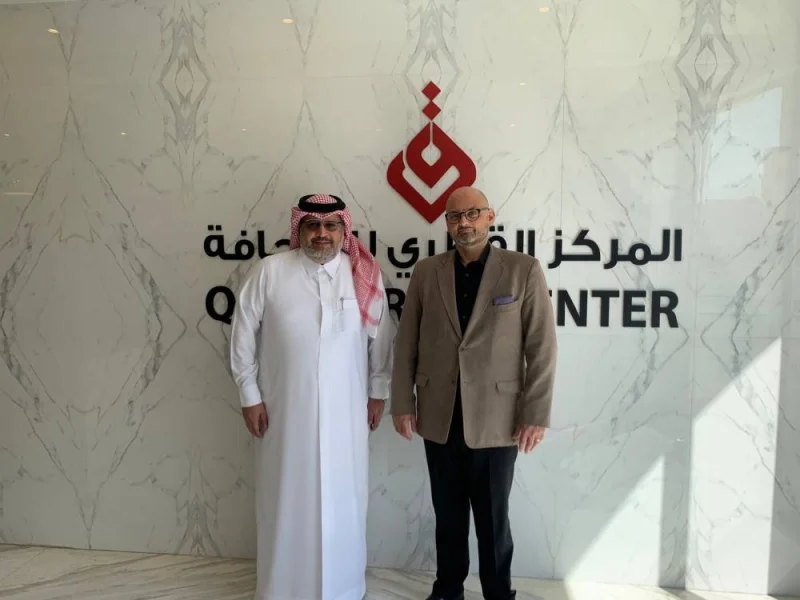 Qatar Press Center CEO Faisal Abdulhameed al-Mudahka meets with NU-Q dean and CEO Marwan M Kraidy.