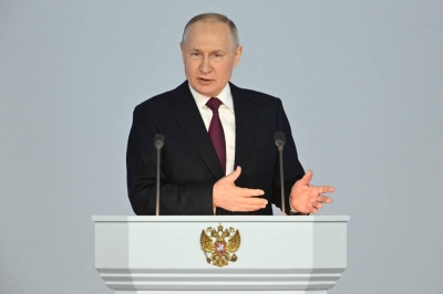 Russian President Vladimir Putin delivers his annual state of the nation address at the Gostiny Dvor conference centre in central Moscow on February 21, 2023. (AFP)