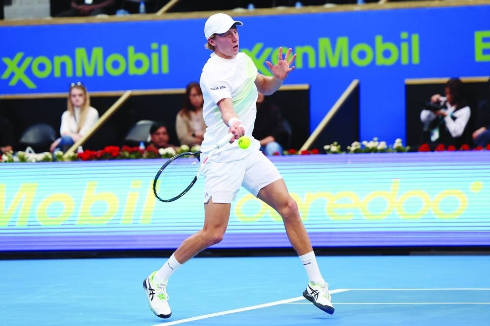 Emil Ruusuvuoiri of Finland in action during the first round match against Daniel Evans of Great Britain at the Qatar ExxonMobil Open at the Khalifa Tennis Complex in Doha on Tuesday. 