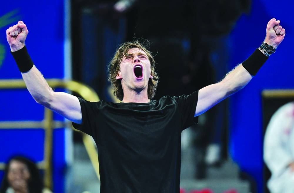 Andrey Rublev reacts after winning his match against Tallon Griekspoor of Netherlands during day three of the Qatar ExxonMobil Open at the Khalifa Tennis Complex in Doha. PICTURE: Noushad Thekkayil