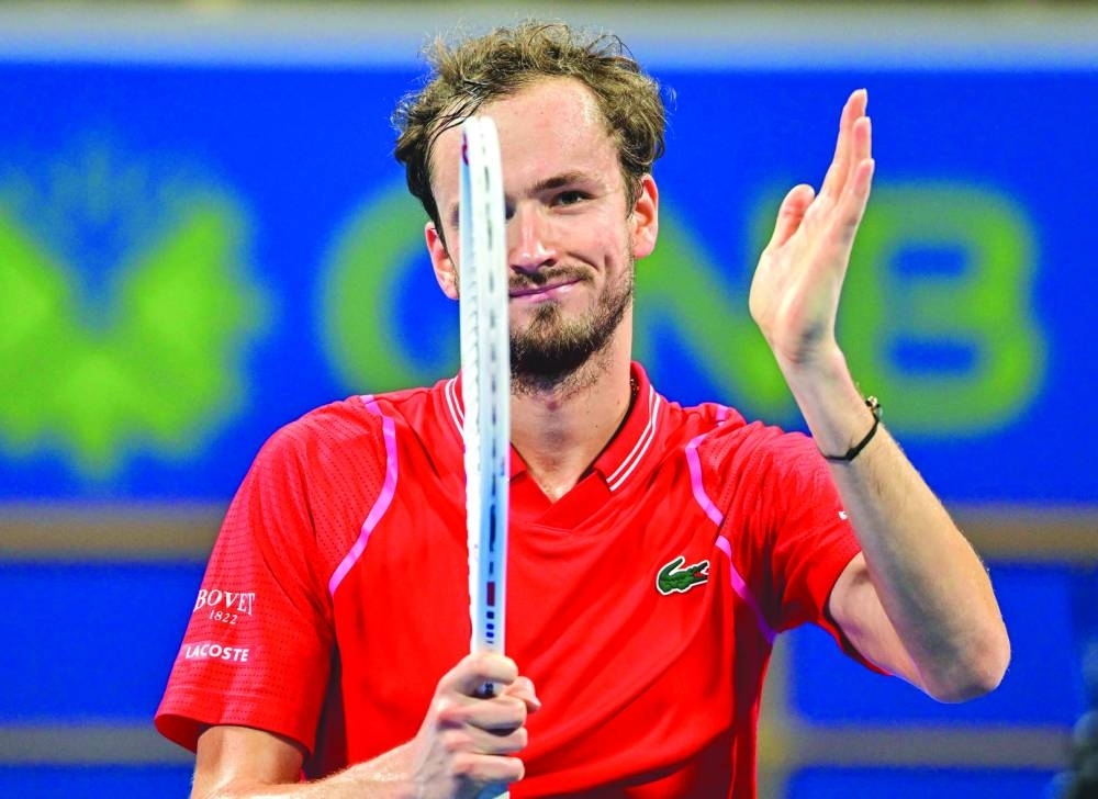 Daniil Medvedev of Russia celebrates beating Felix Auger-Aliassime of Canada in Doha on Friday. Picture:Noushad Thekkayil  