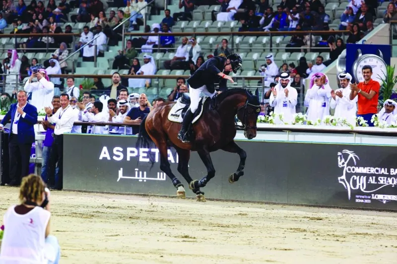 Germany’s Marcus Ehning celebrates with Stargold after the jump-off in the CSI5* Grand Prix. PICTURE: Stefano Grasso 