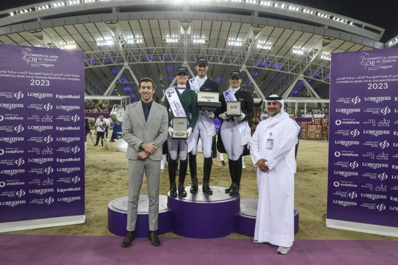 Dressage winners of the Commercial Bank CHI Al Shaqab Freestyle Presented by Longines pose with Michael Vuilleumer, International Sponsorship and Events Project Leader of Longines and Ali al-Rumaihi, Event Sport Manager. Patrik Kittel won the event, followed by Dinja van Liere and Germany’s Evelyn Eger. 