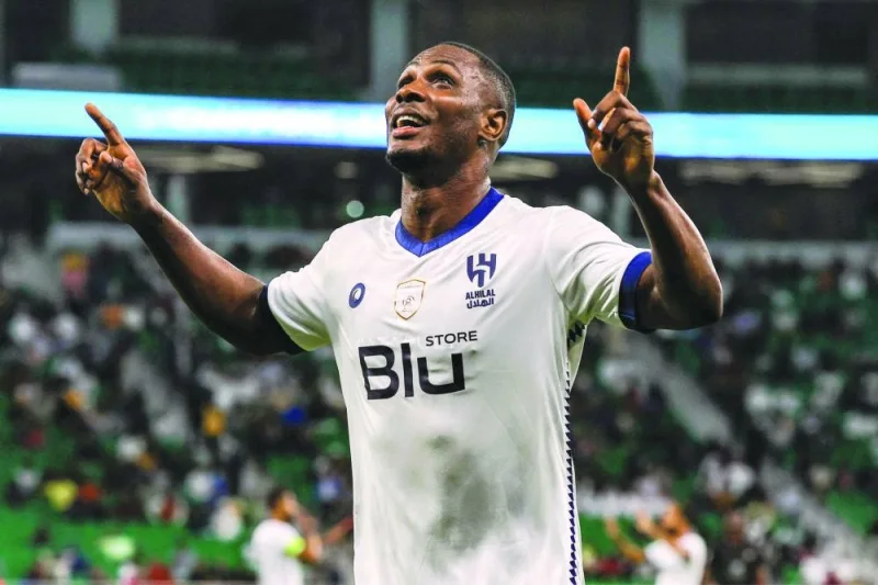 Al Hilal’s Odion Ighalo celebrates after scoring his fourth goal during the AFC Champions League semi-final against Al Duhail at the Al Thumama Stadium in Doha yesterday. (AFP)