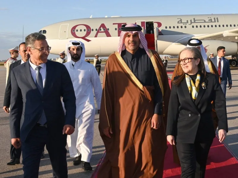 Tunisian Prime Minister Najla Bouden Romdhane receives HE the Prime Minister and Minister of Interior Sheikh Khalid bin Khalifa bin Abdulaziz Al-Thani at Tunis-Carthage International Airport.