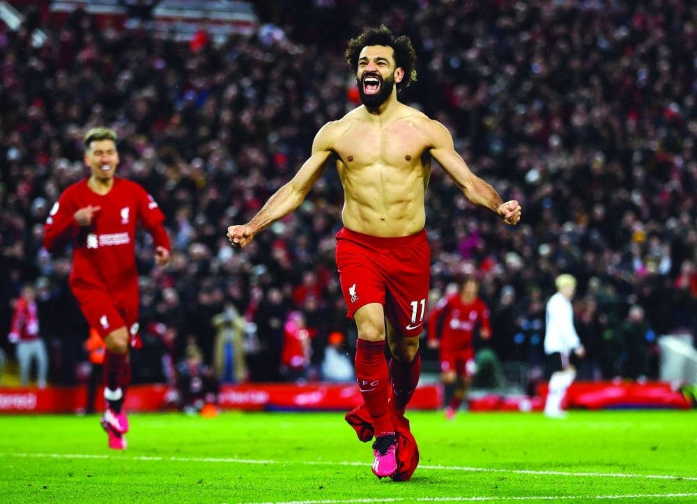 Liverpool’s Mohamed Salah celebrates scoring their sixth goal. (Reuters)