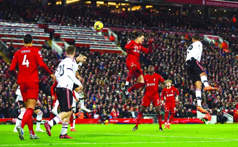 Liverpool’s Darwin Nunez scores his team’s fifth goal during their Premier League match against Manchester United at Anfield, Liverpool, yesterday. Liverpool won 7-0. (Reuters)