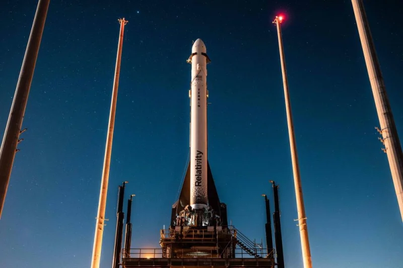 In this handout photo from Relativity Space obtained on March 10, 2023, the Terran 1 rocket can be seen on the launch pad at Launch Complex 16 in Cape Canaveral, Florida. - The Terran 1 is the worlds first 3D printed rocket an its second launch is scheduled for March 11, 2023. (Photo by Handout / AFP) 