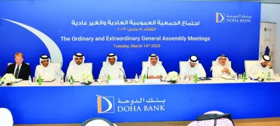 Doha Bank board of directors addressing shareholders at the AGM. PICTURE: Thajudheen