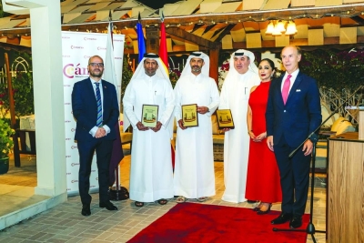 Spanish ambassador Javier M Carbajosa joins this year's 'Friends of Spain' awardees Alfardan Group president and CEO Omar Hussain Alfardan (Individual Businessman Award); Umm Al Houl Power CEO Jamal al-Khalaf (Corporate Award), and FIFA World Cup Qatar 2022 CEO Nasser al-Khater (Special Award). Looking on are David Quintanilla, president of the Chamber of Commerce of Spain in Qatar, and the ambassador's wife, Ambreen Qazi.