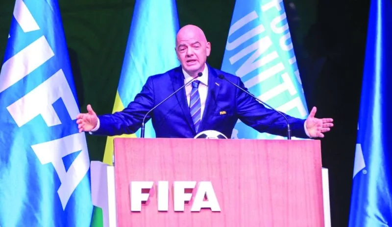 FIFA President Gianni Infantino addresses the 73rd FIFA Congress at the BK Arena in Kigali, Rwanda March 16, 2023. REUTERS/Jean Bizimana