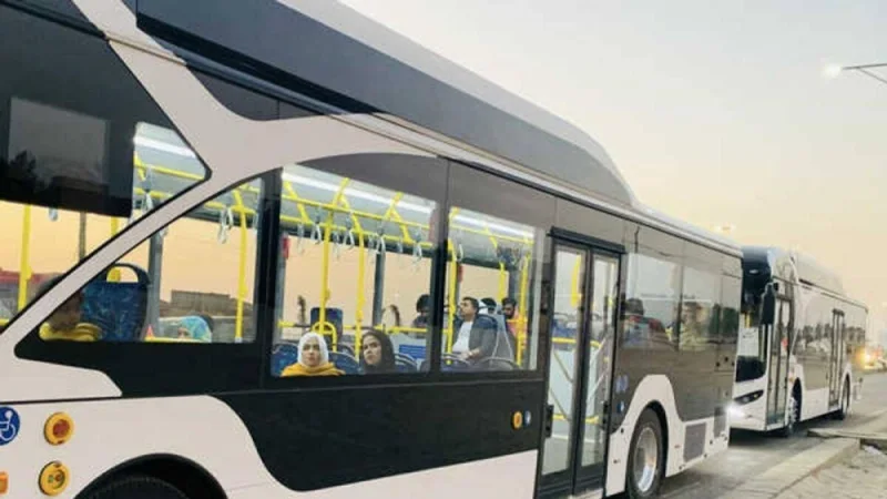 An electric bus waits for more passengers at the Sea View stop in the neighbourhood of Defence Housing Authority in Karachi.