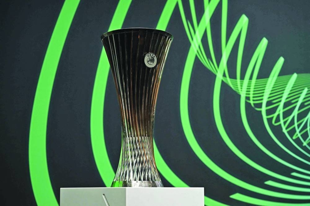 This photograph shows the UEFA Europa Conference League trophy before the draw for the quarter-final, semi-final and final of the 2022-2023 UEFA Europa Conference League in Nyon on Friday. (AFP)